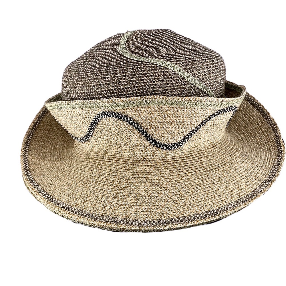 Diane Harty Millinery Straw Sun Hat Sage Green Tan Wavy Trim Wide Brim Handmade